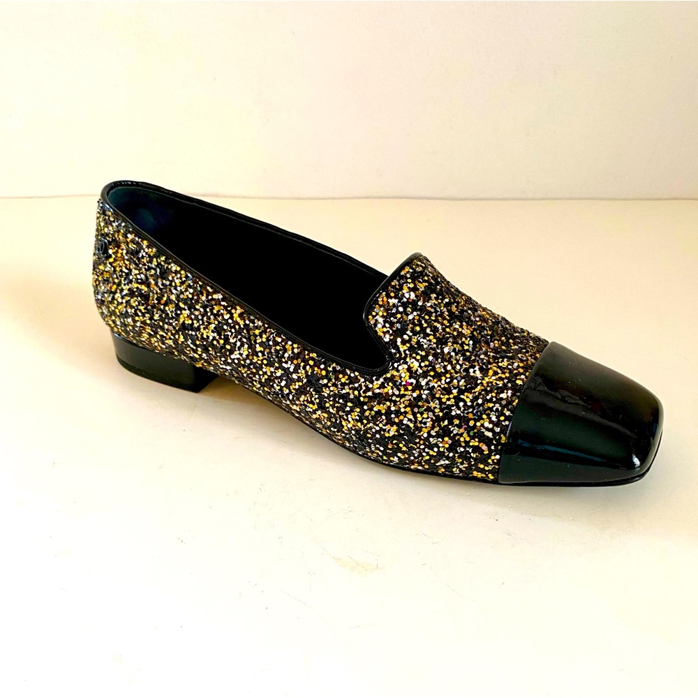 CHANEL RUNWAY “ASTRONAUT” COLLECTION GOLD GLITTER/BLACK PATENT LOAFER